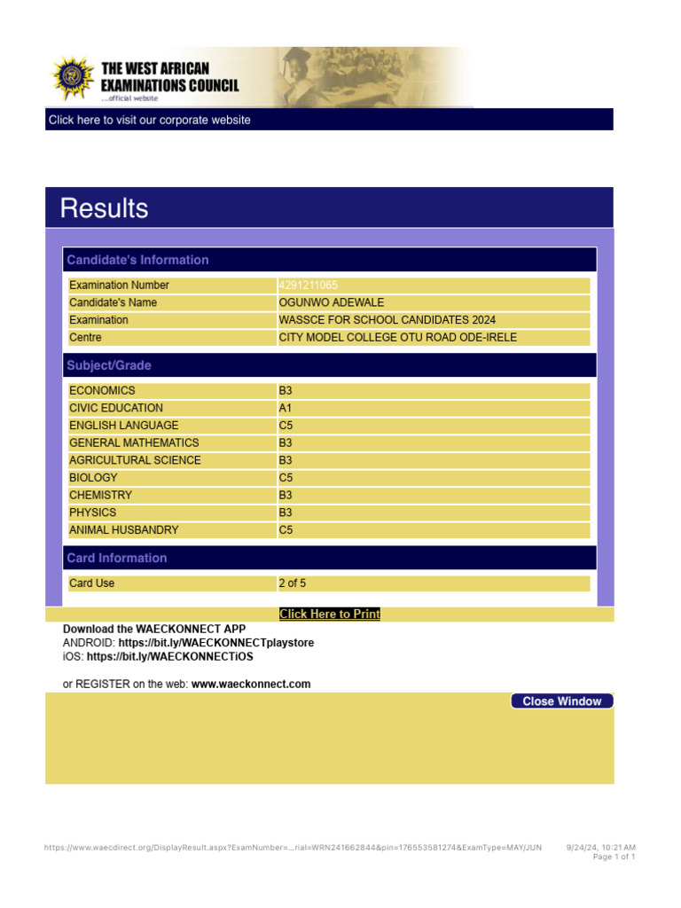 WASSCE 2024 Results for Ogunwo Adewale | PDF