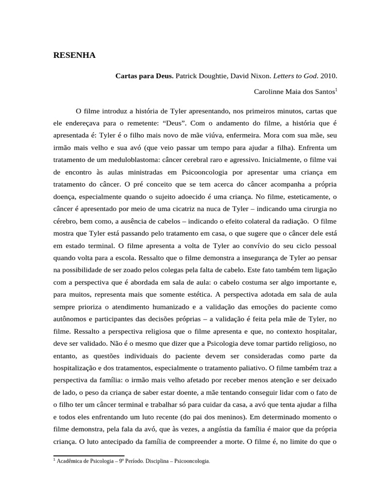 Resenha do Filme Cartas para Deus | PDF | Família | Psicologia