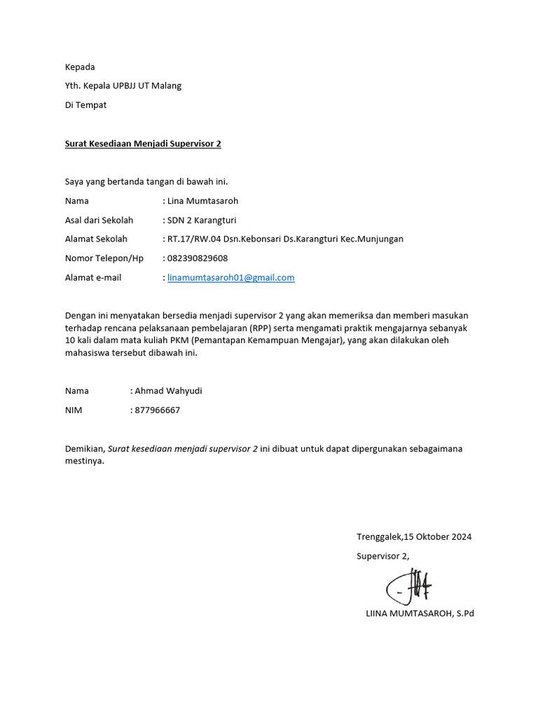 Surat Kesediaan Supervisor 2 RPP | PDF