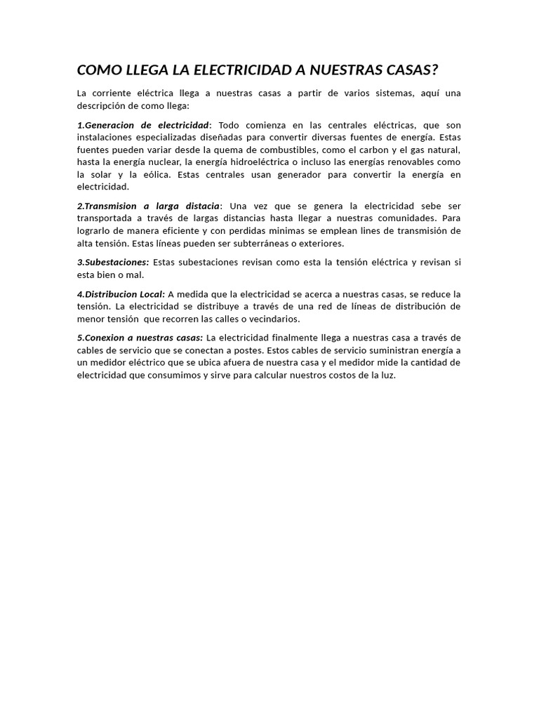 Como Llega La Electricidad A Nuestras Casas | PDF