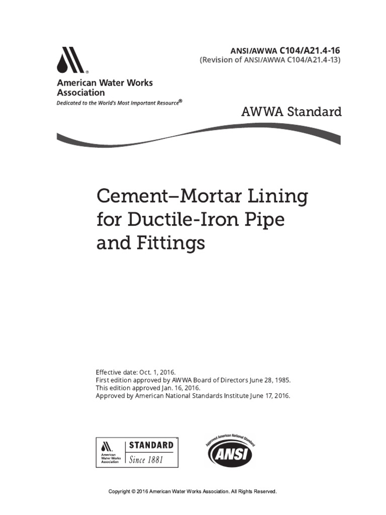 ANSI AWWA C104 - A21.4-16 - Cement-Mortar Lining For Ductile-Iron Pipe ...