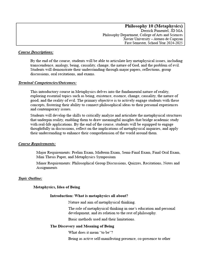 Metaphysics Course Syllabus 2024-2025 | PDF | Essence | Metaphysics