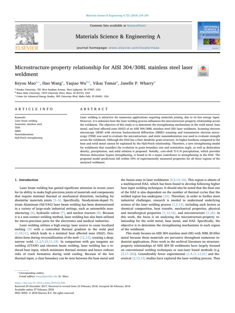 Microstructure-Property Relationship For AISI 304 308L Stainless Steel ...