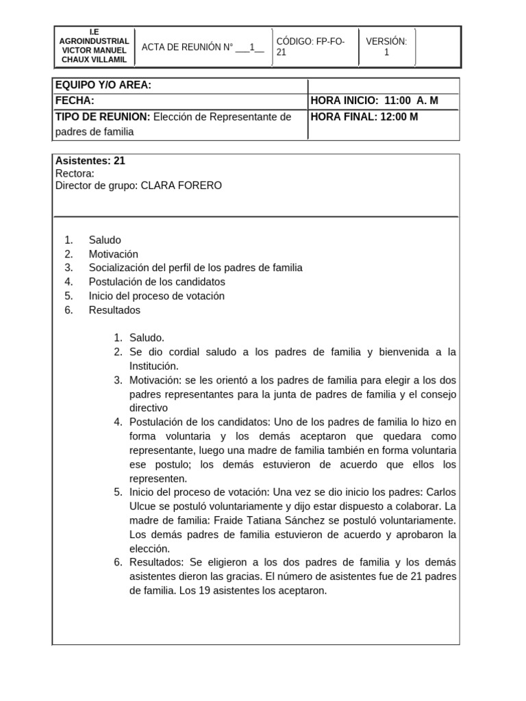 Eleccion de Padres de Familia Grado 6° 2021 | PDF | Gobierno | Elecciones