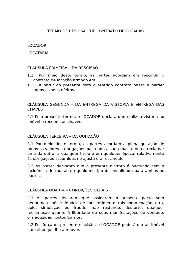 Modelo De Contrato De Rescisao De Contrato De Aluguel