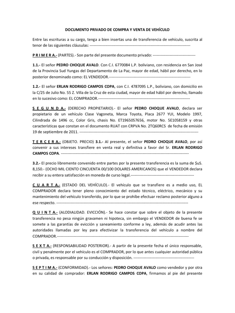 DOCUMENTO PRIVADO DE COMPRA Y VENTA DE VEHÍCULO