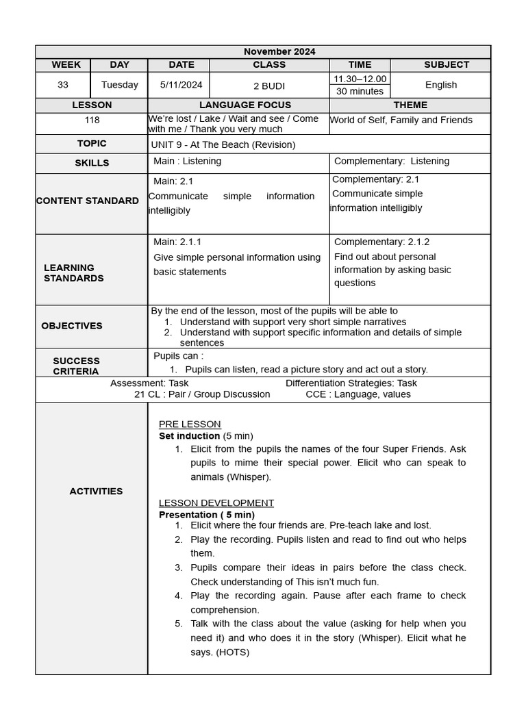 Lesson plan 2 budi week 33 tuesday pdf reading comprehension