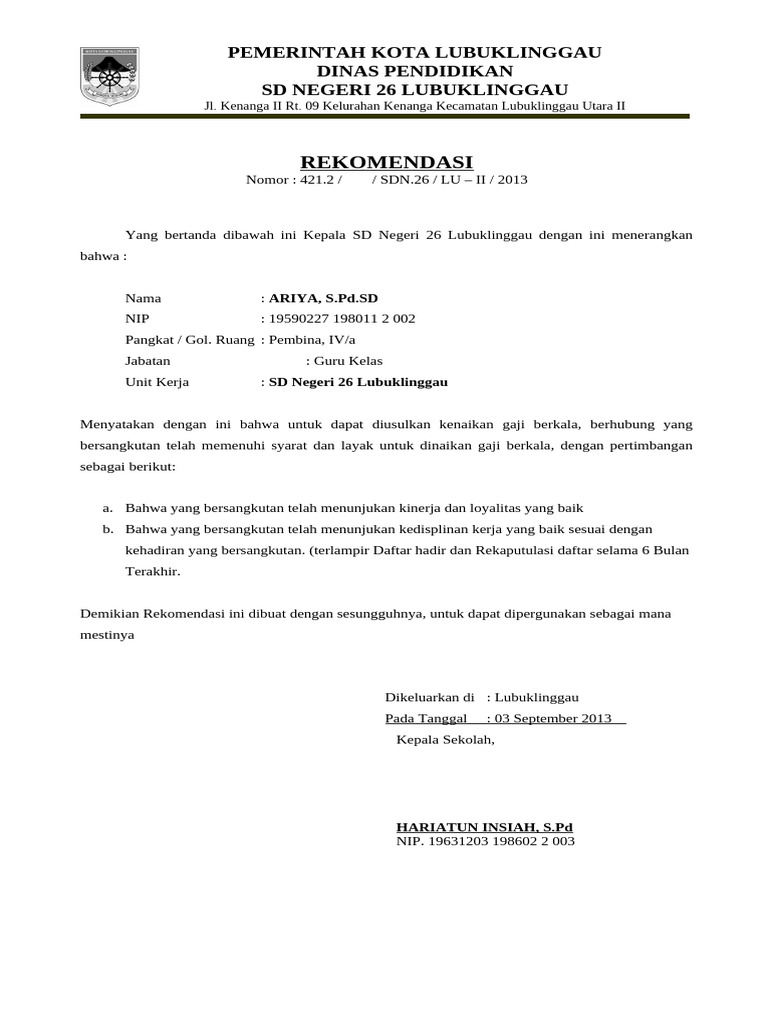 Rekomendasi Kenaikan Gaji Guru SDN 26 | PDF
