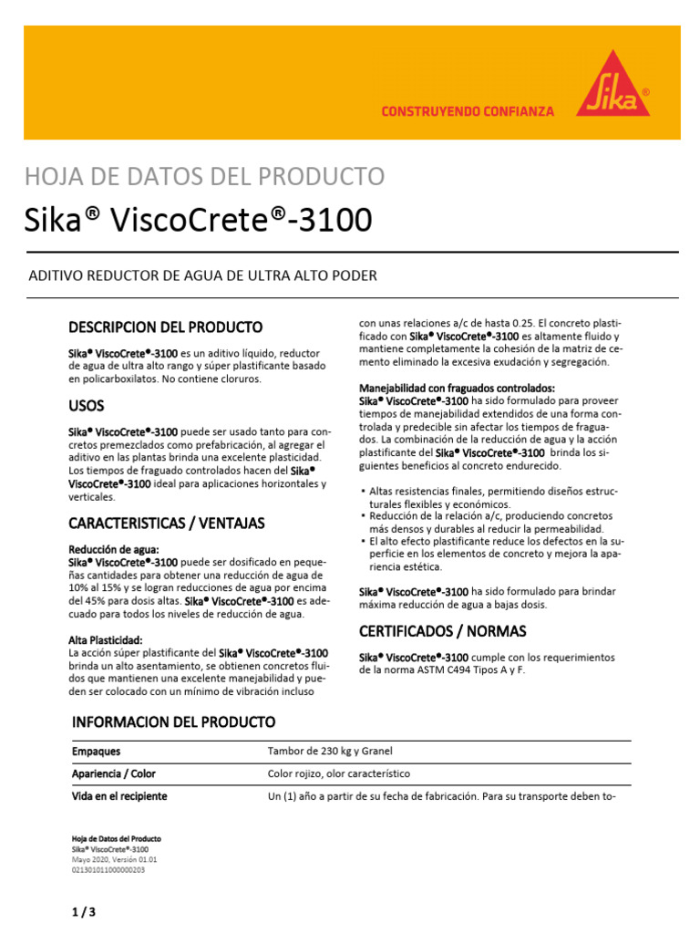 sika_viscocrete_-3100 | PDF | Hormigón | Agua