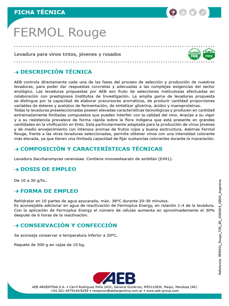 FERMOL ROUGE TDS ES 1060819 OENO Argentina | PDF
