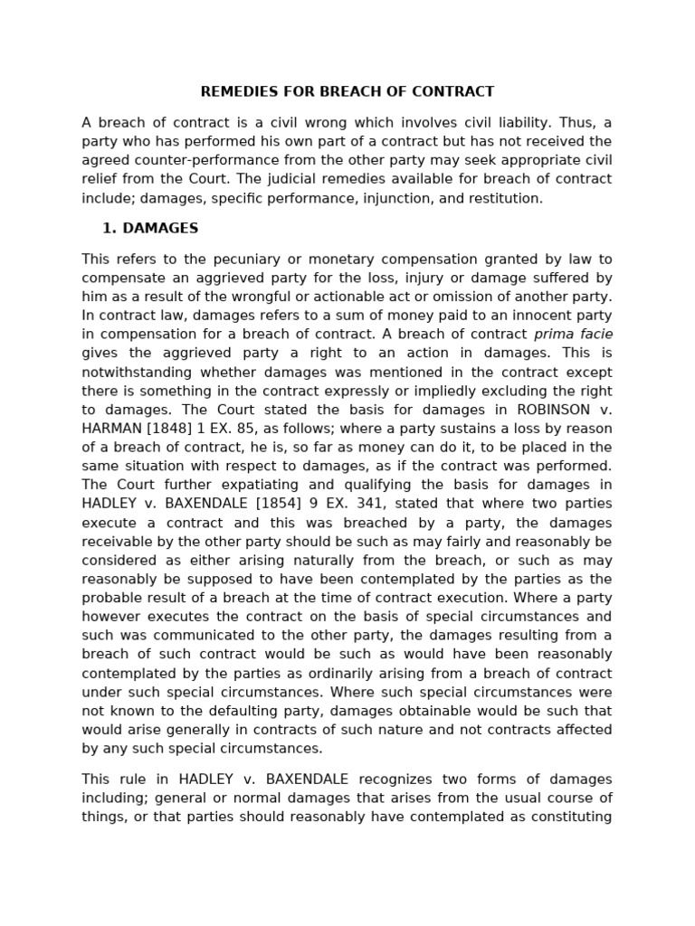Remedies for Breach of Contract Explained | PDF | Damages | Causation (Law)