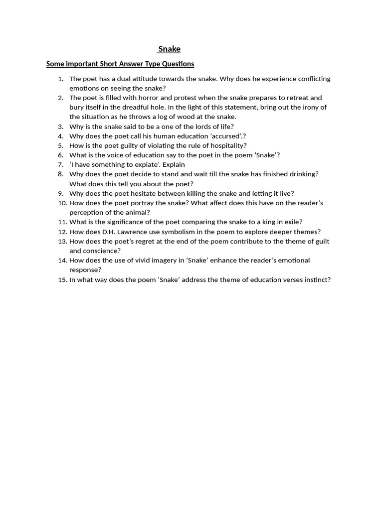 Snake short answweer type questions pdf poetry