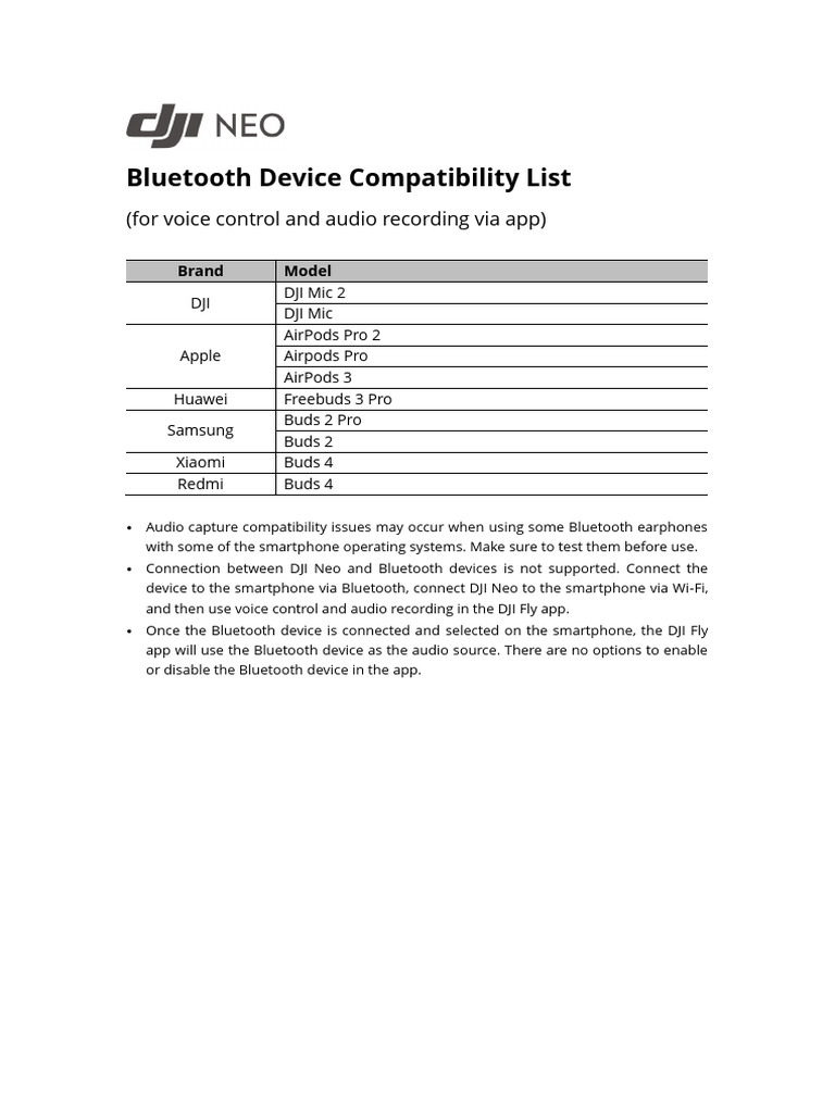 Dji neo bluetooth device compatibility list en pdf