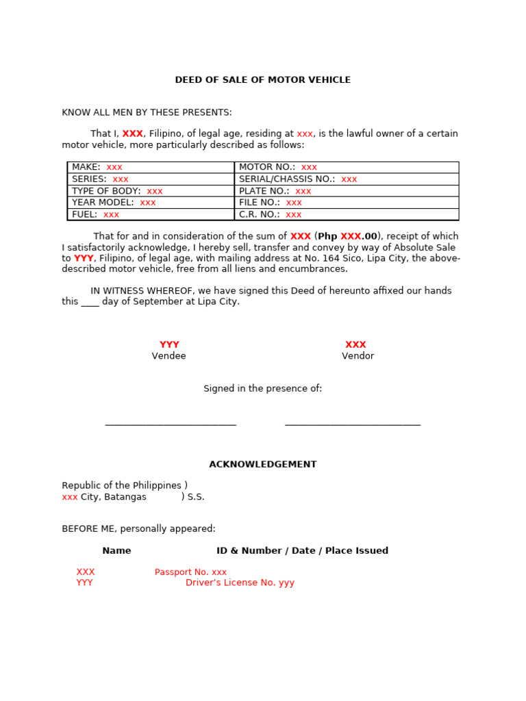 Motor Vehicle Sale Deed Template | PDF | Law