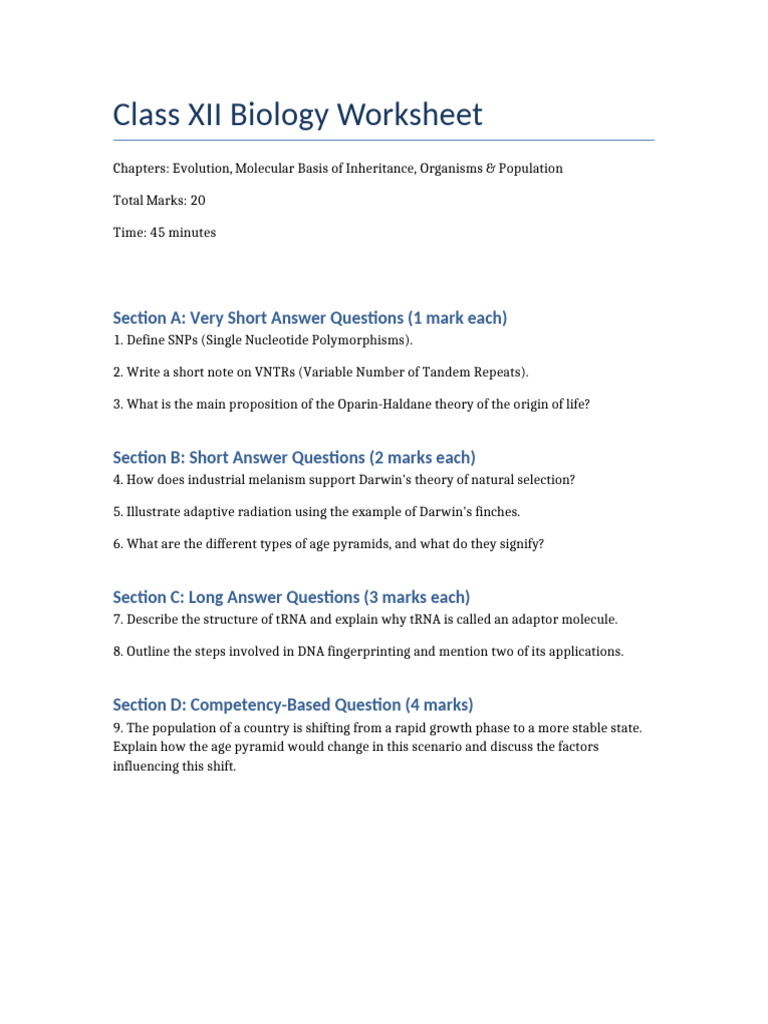 Class XII Biology Worksheet | PDF