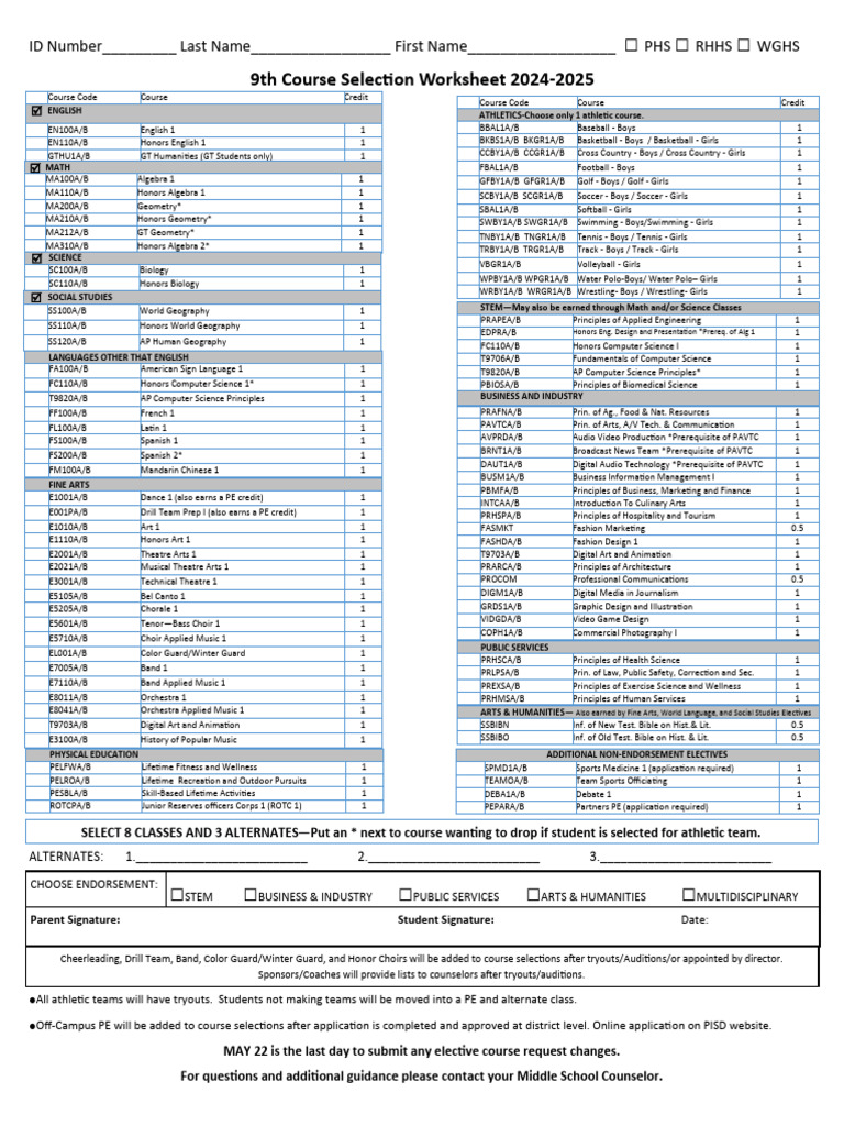 9th Course Selection Worksheet 24-25 Updated | PDF