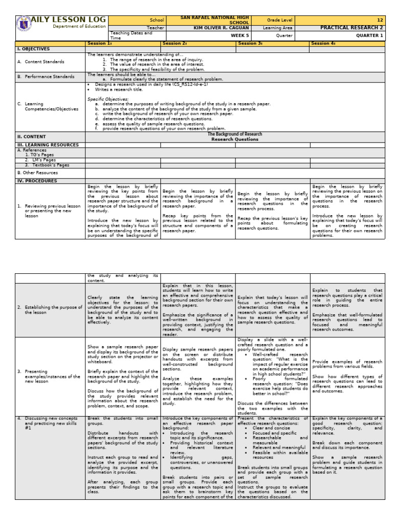 Practical Research 2 Quarter 1 Week 5 | PDF | Rubric (Academic) | Teachers