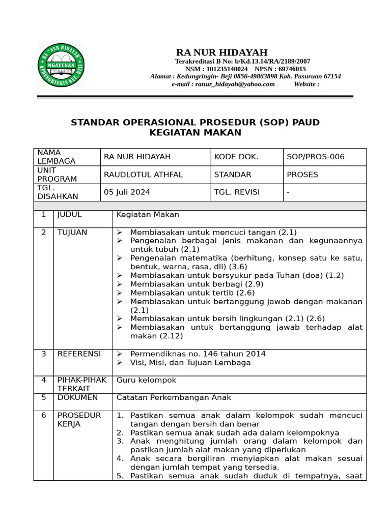 SOP Kegiatan Makan di RA Nur Hidayah | PDF