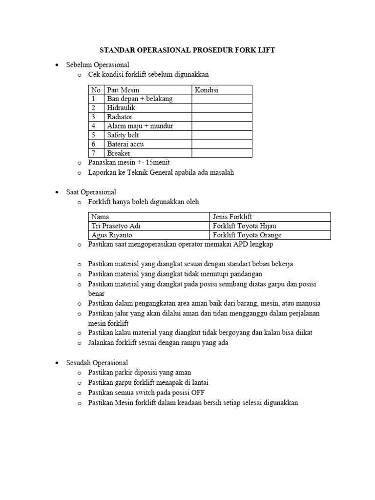 SOP Penggunaan Forklift yang Aman | PDF