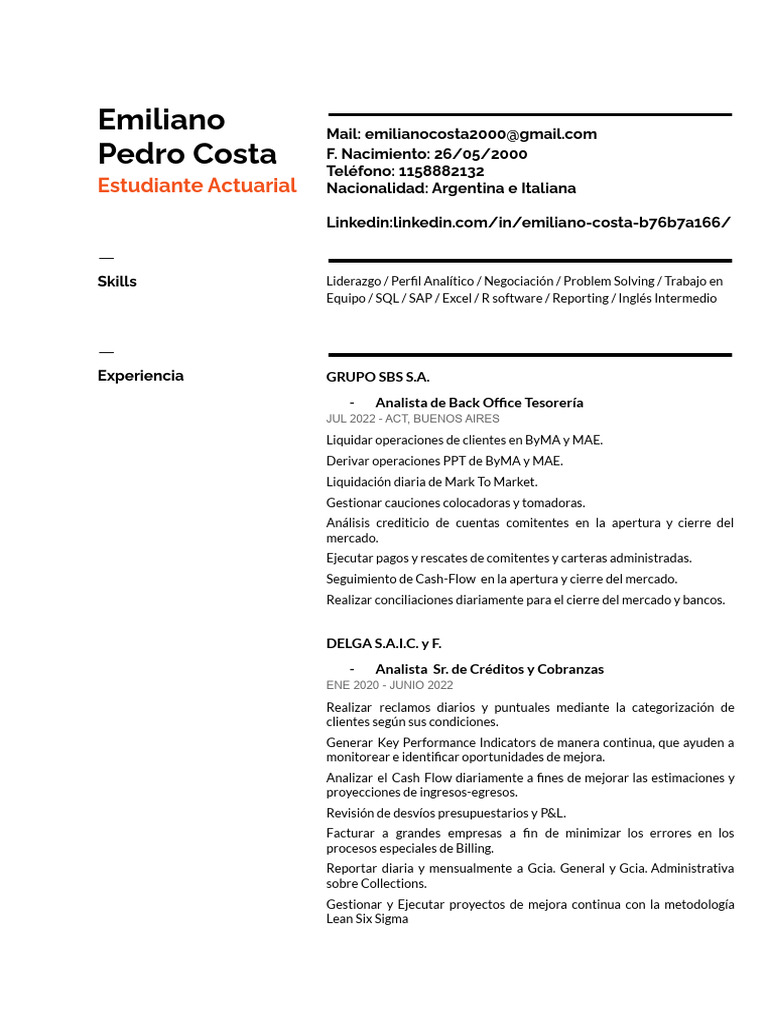 CV de Emiliano Costa: Analista Financiero | PDF | Business