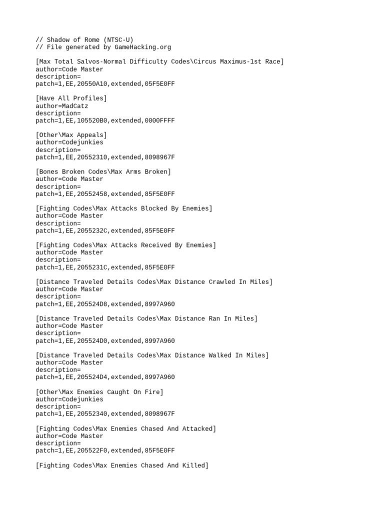 Shadow of Rome PCSX2 Cheat Codes | PDF | Technology & Engineering