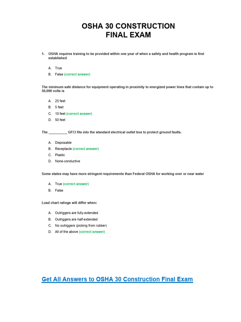 OSHA 30 Construction Exam Answers | PDF | Occupational Safety And ...