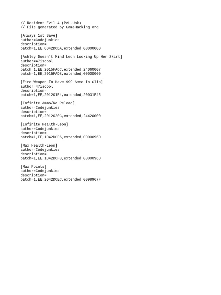Resident Evil 4 PAL Cheat Codes | PDF | Games & Activities | Technology ...