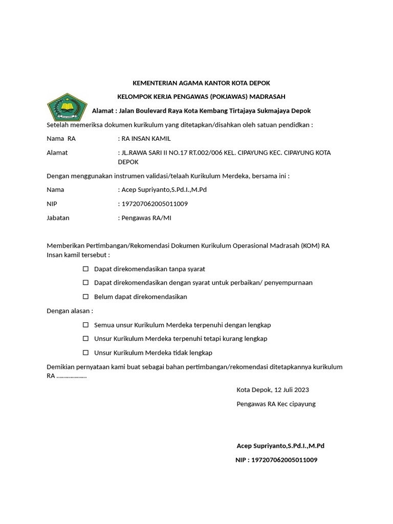 Rekomendasi Kurikulum RA Insan Kamil | PDF