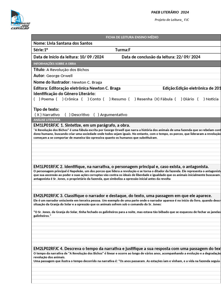 FICHA DE LEITURA. ENSINO MÉDIO _ PAEB LITERÁRIO (1) (1) 2 | PDF | Narrativa