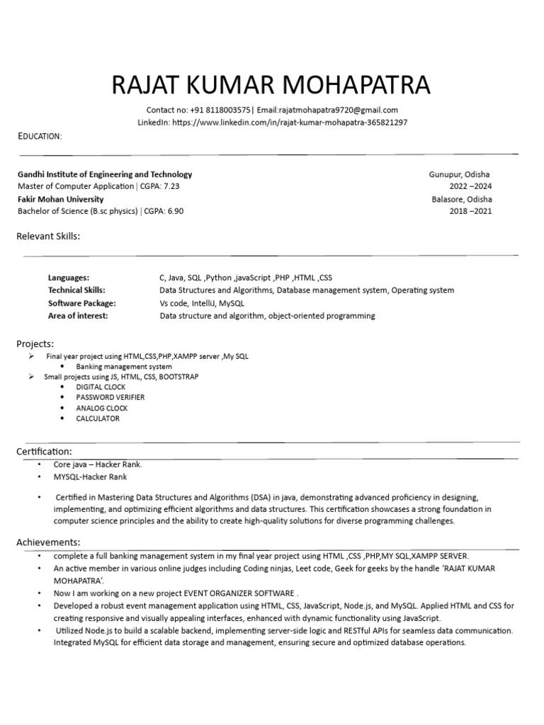 Rajat kumar mohapatra resume pdf my sql php