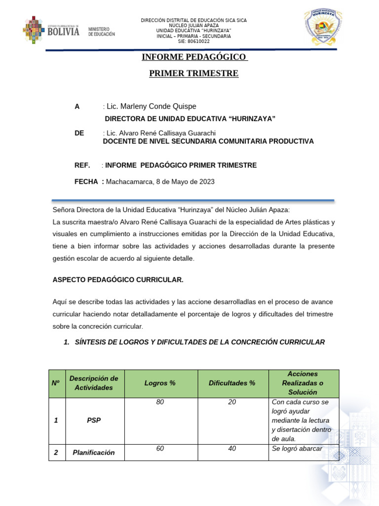 Informe de Avances Primer Trimestre | PDF | Evaluación | Educación ...