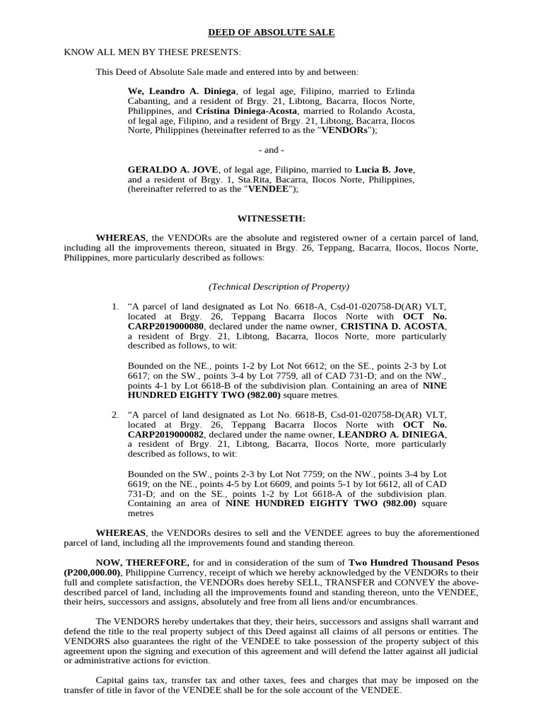 Deed of Absolute Sale for Property | PDF | Notary Public | Power Of ...