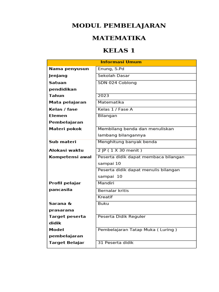 Modul Pembelajaran Matematika Kelas 1 | PDF | Karier & Perkembangan