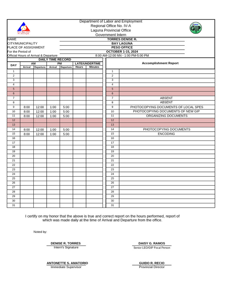 Government Intern Daily Time Record | PDF | Overtime | Business