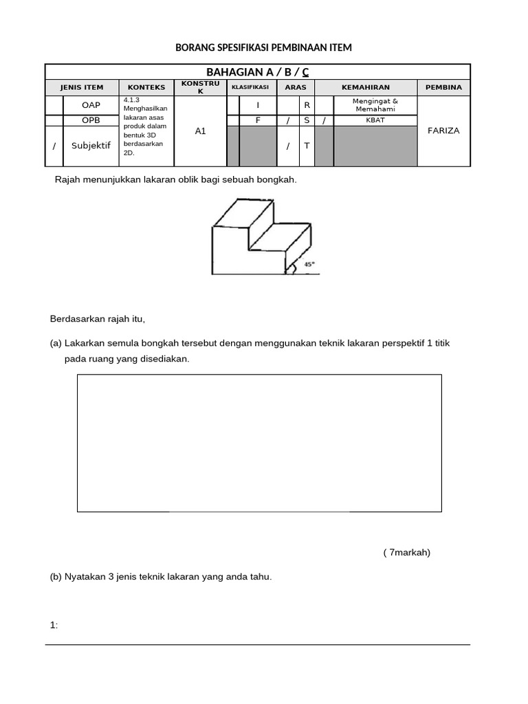 Lakaran RBT Tingkatan 1: Soalan dan Teknik | PDF