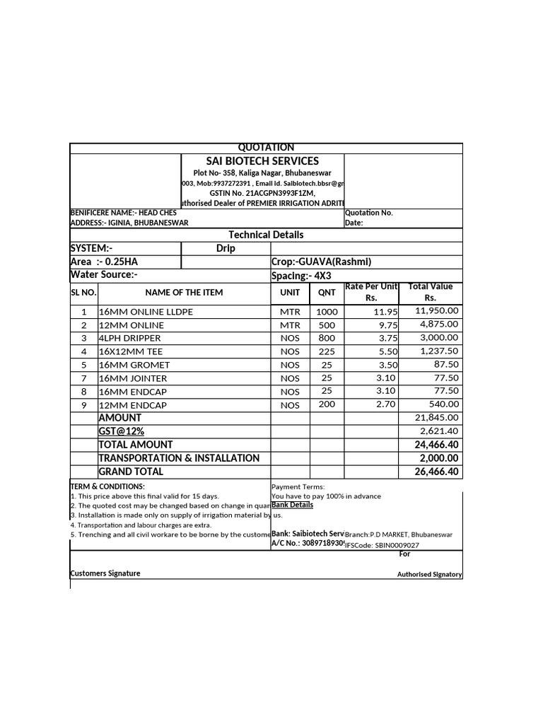 Drip Irrigation Quotation for Guava | PDF | Microsoft Excel
