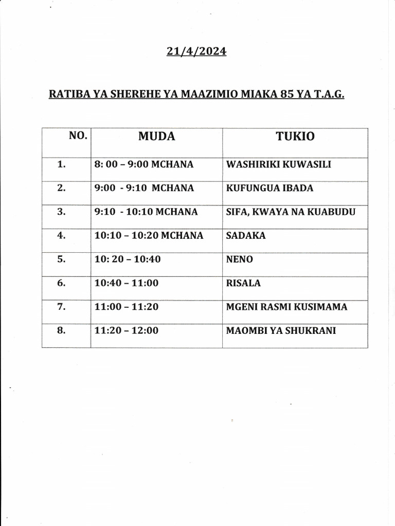 Ratiba Ya Kanisani | PDF