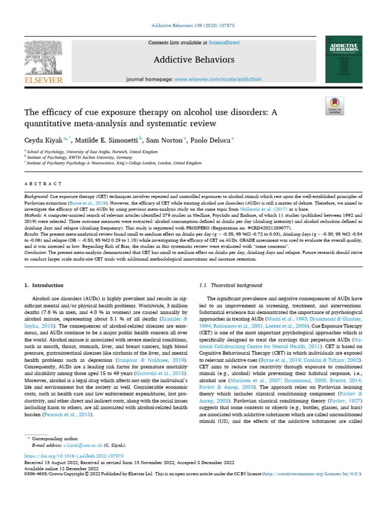 The Efficacy of Cue Exposure Therapy On Alcohol Use Disorders A ...