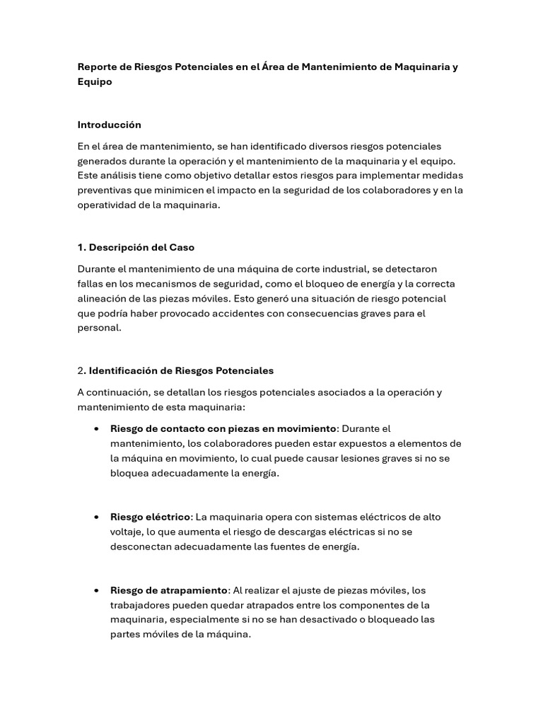 Riesgos Potenciales en El Área de Mantenimiento de Maquinaria y Equipo ...