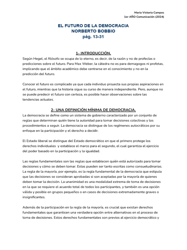 Bobbio - El Futuro de La Democracia (Resumen) PDF | PDF | Democracia ...