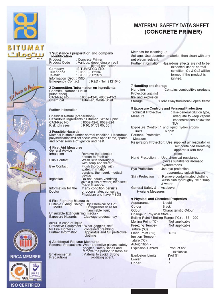 Bitumat Concrete Primer Data Sheet | PDF | Dangerous Goods | Carbon Dioxide