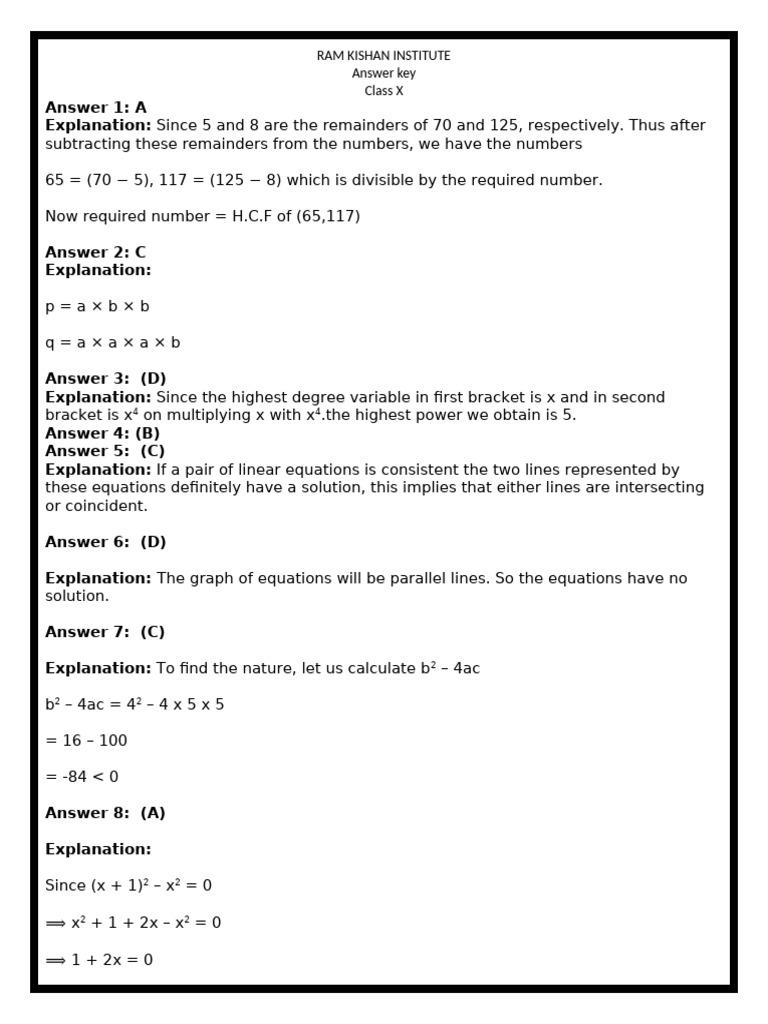 Class 10 Maths Answer Key PDF | PDF | Mathematics | Mathematical Objects
