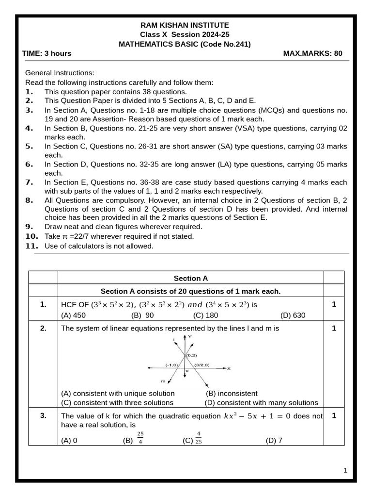 Class X Mathematics Question Paper 2024-25 | PDF | Circle | Euclidean ...