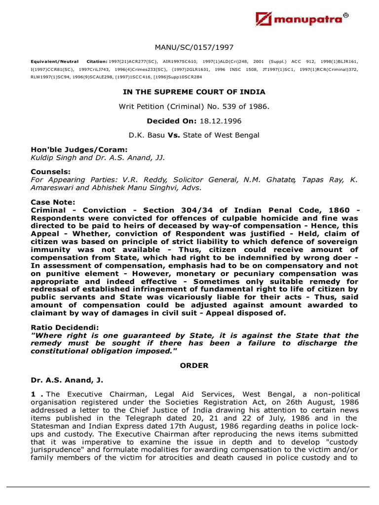 DK Basu Vs State of West Bengal 18121996 SC0114s970827COM942091 | PDF ...