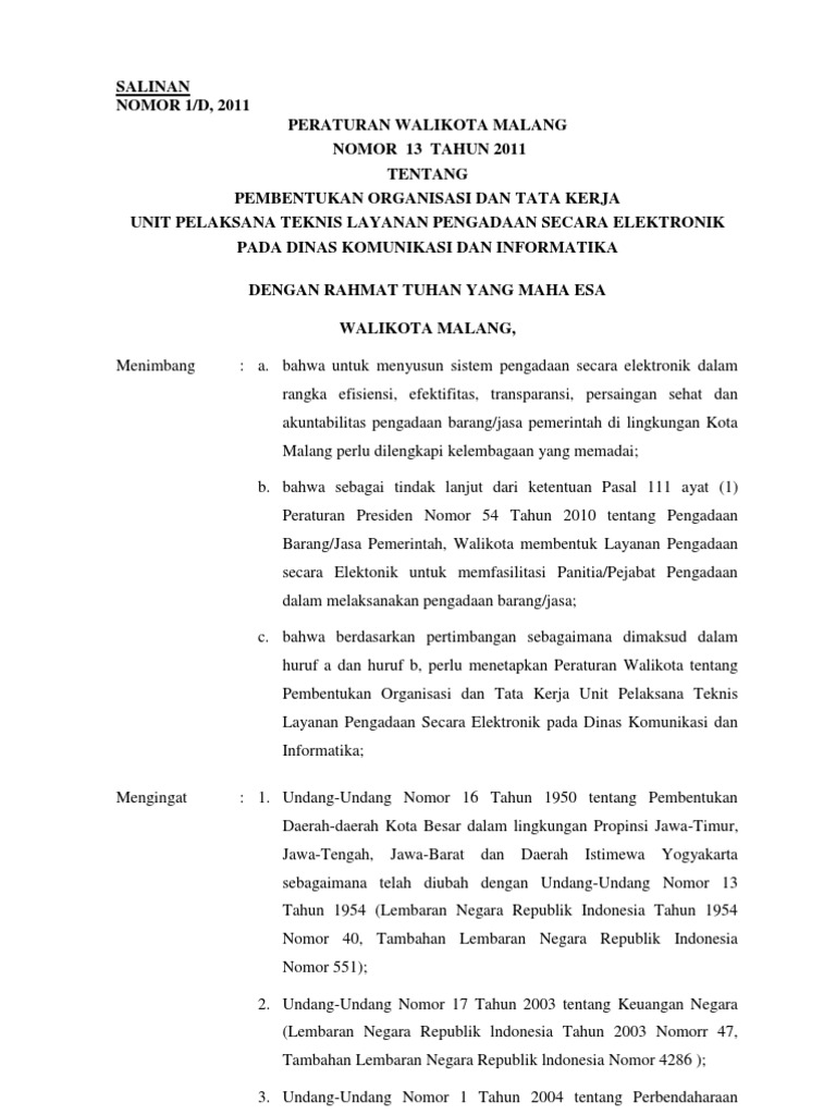 Salinan Perwal Nomor 13 Tahun 2011 Tentang Upt Lpse Kota Malang