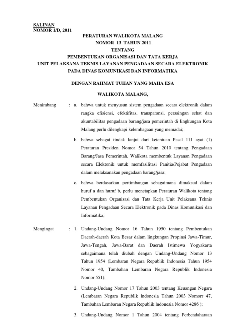 Salinan Perwal Nomor 13 Tahun 2011 Tentang Upt Lpse Kota Malang