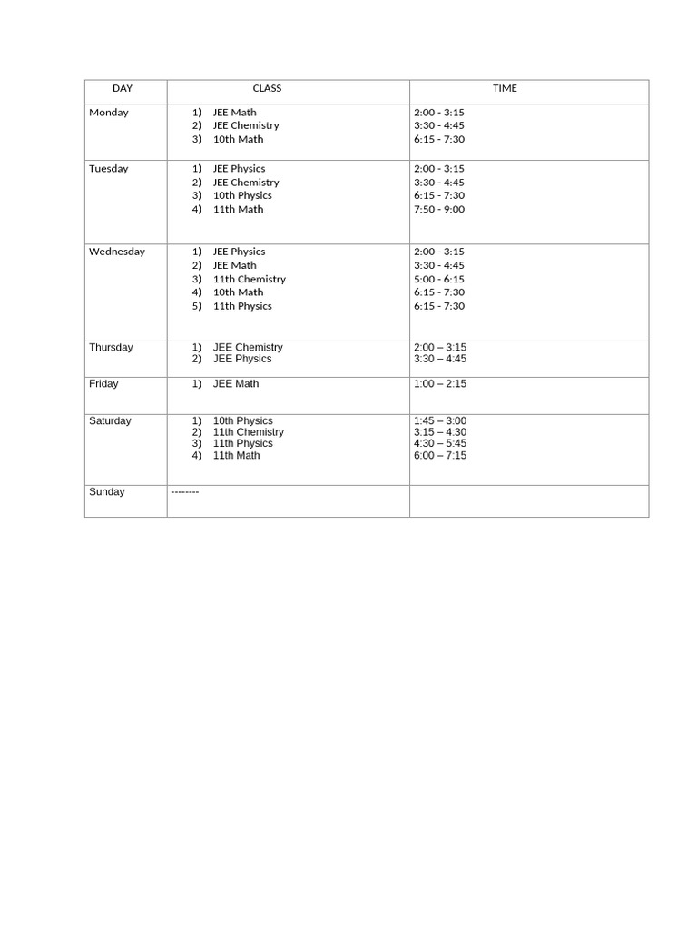 Winter Class Timetable | PDF