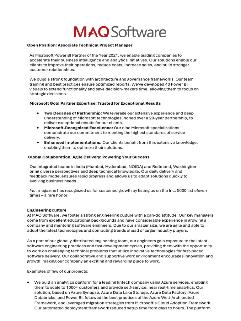 MAQ Software - Job Description - Associate Technical Project Manager ...