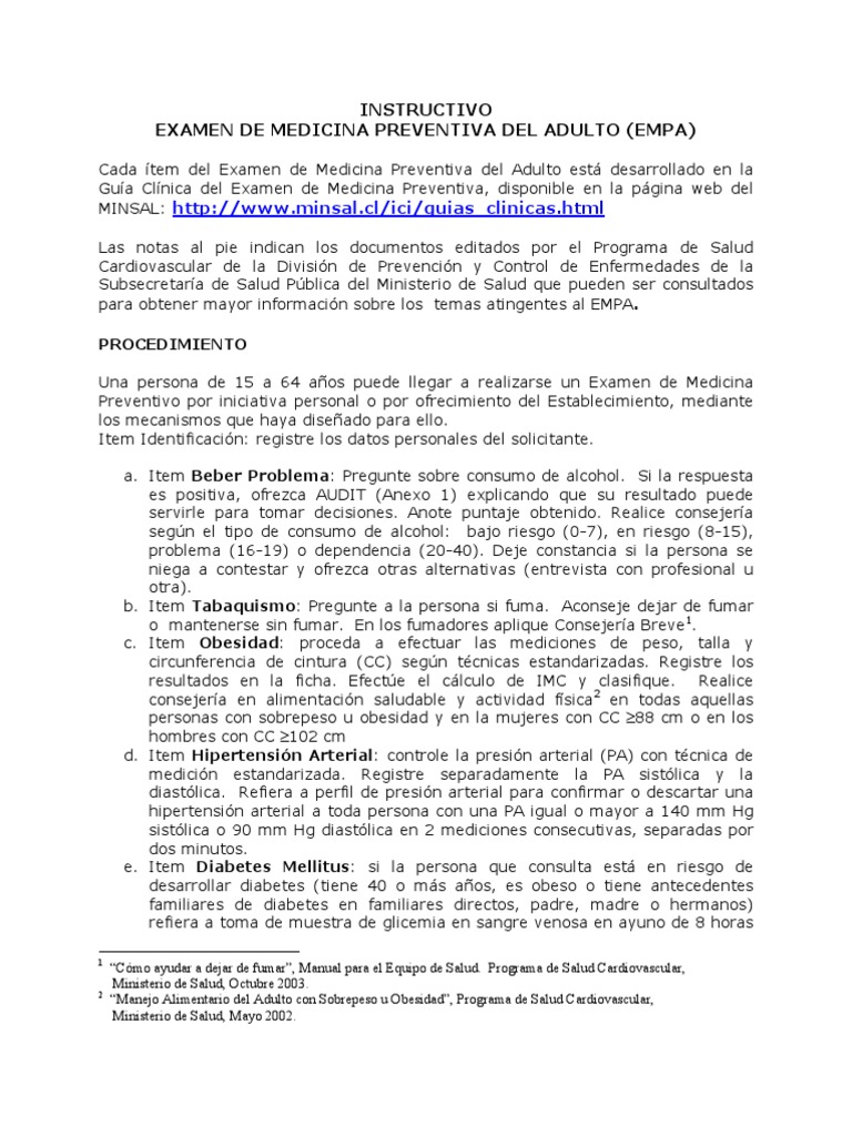 Instructivo Examen Preventivo Adulto | PDF | Nicotina | Obesidad