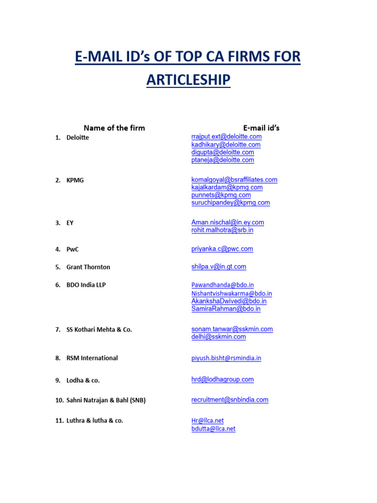 CA Firms Email IDs for Articleship | PDF